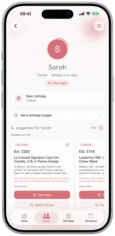 A person's page in Toayen showing suggested gifts, each with an estimated price and a line explaining why it suits them.