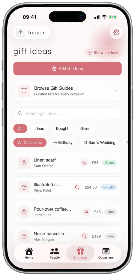 A list of saved gift ideas, each showing who it is for, its price and whether it has been bought.
