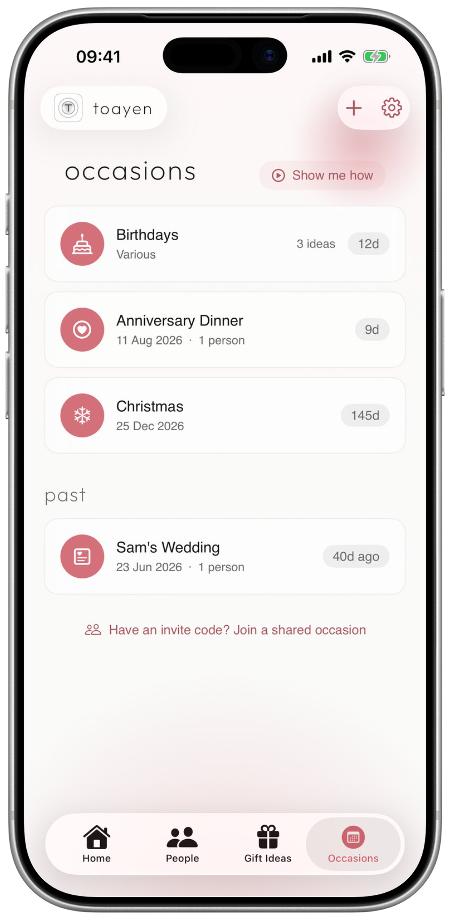 Upcoming occasions including birthdays, an anniversary dinner and Christmas, each counting down.